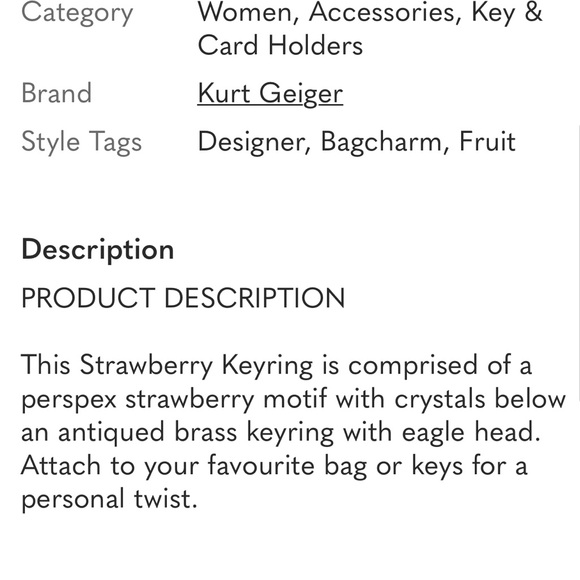 Kurt Geiger London NWT Strawberry key ring keychain bag, charm NIB - Picture 7 of 7